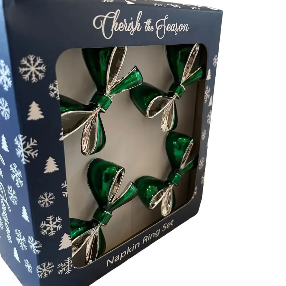 Green Bow Christmas Napkin Rings Set of 4 Silver Holiday Glam Cherish the Season